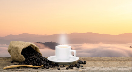 Coffee, hot espresso, coffee beans, morning, mountain view