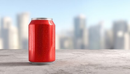 Red aluminum can on a concrete surface, city backdrop