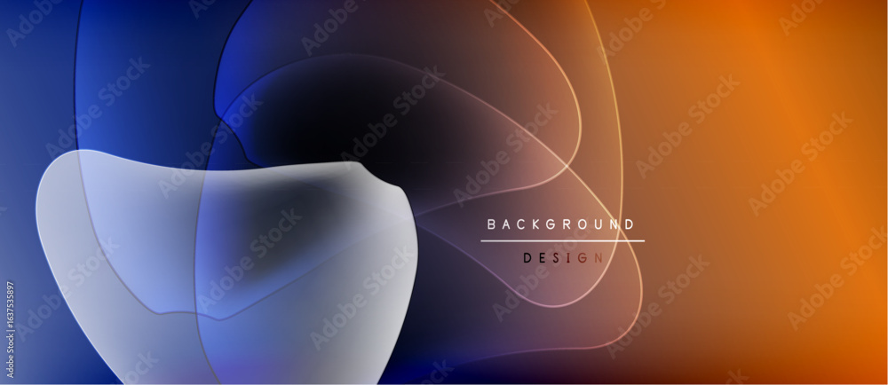 Poster abstract fluid shapes blend, creating dynamic gradient background. blue, orange hues dominate compos