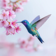 Fototapeta premium iridescent hummingbird hovering mid-air sipping nectar from soft pink blossoms, wings frozen in motion against white background, vivid spring floral detail with delicate feathers