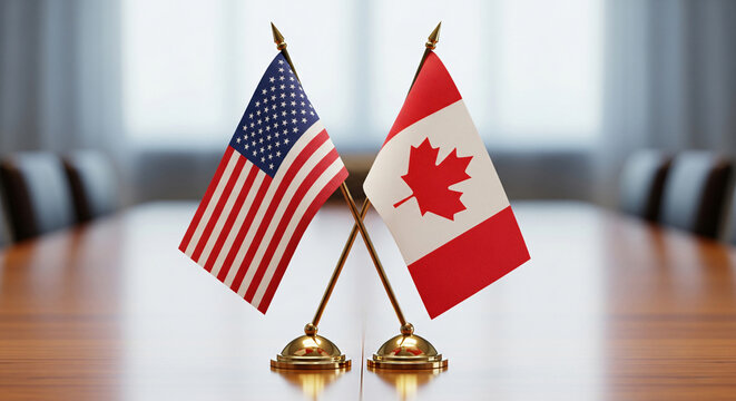 Miniature USA and Canada Table Flags Crossed with Fabric Texture and Metal Bases in Professional Diplomatic Meeting Setup JPG