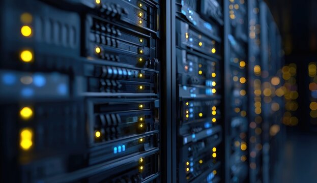 Server racks in a data center.  Close-up view of dark gray/blue server cabinets with glowing components