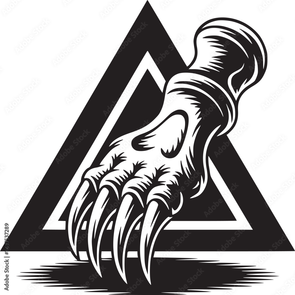 Poster illustration of a stylized paw with sharp claws in front of a black triangle on a white background