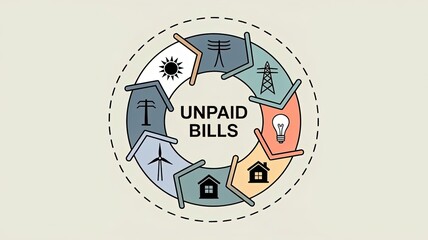 Energy Consumption Circular Diagram: A meticulously crafted, graphic circular diagram visually represents the complex issue of unpaid bills, integrating diverse symbols related to power supply, homes.