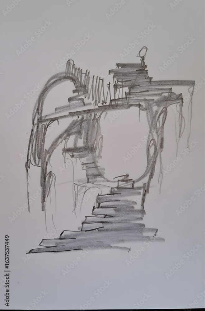 Poster abstract drawing of stairs with textured lines in monochrome style