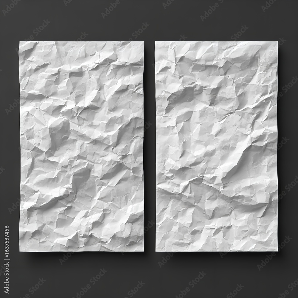 Poster two sheets of crumpled white paper placed side by side on a dark gray surface creating a textured ef