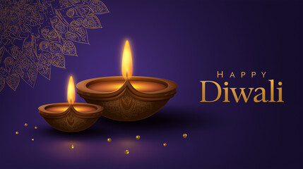 Glowing Diwali: A close-up shot of two traditional diya lamps, their golden flames illuminating the surrounding darkness, embodying the spirit of Diwali against an elegant backdrop. 
