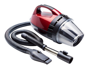 Red handheld vacuum cleaner with hose and attachment isolated on transparent background