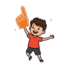 Energetic cartoon boy with brown hair and red shirt joyfully holding up an orange foam finger.