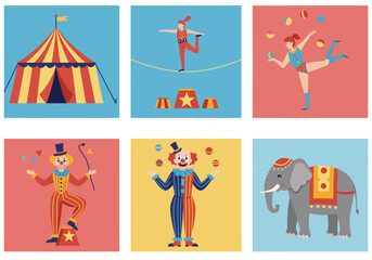 Fototapeta premium A colorful set of six circus-themed illustrations featuring performers and animals.