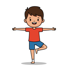 Happy Boy Balancing on One Leg in Tree Pose Wearing Red Shirt and Blue Shorts.
