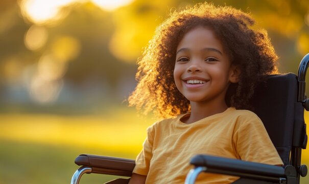Happy mixed-race disabled girl in a wheelchair having fun outdoors at the park. Smiling Black child with a disability. Promoting diversity, equality, inclusion, and belonging at school, Generative AI