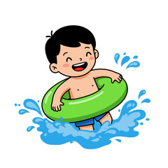 Happy cartoon boy with a green inflatable ring splashing joyfully in the water.