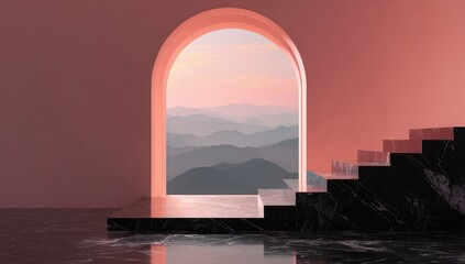 Peachy archway to misty mountain vista