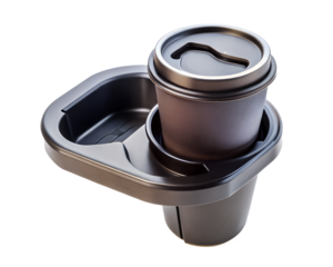 Black car cup holder with a disposable coffee cup isolated on transparent background