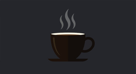 Obraz premium Steaming hot drink in a dark colored mug on a saucer, against grey background