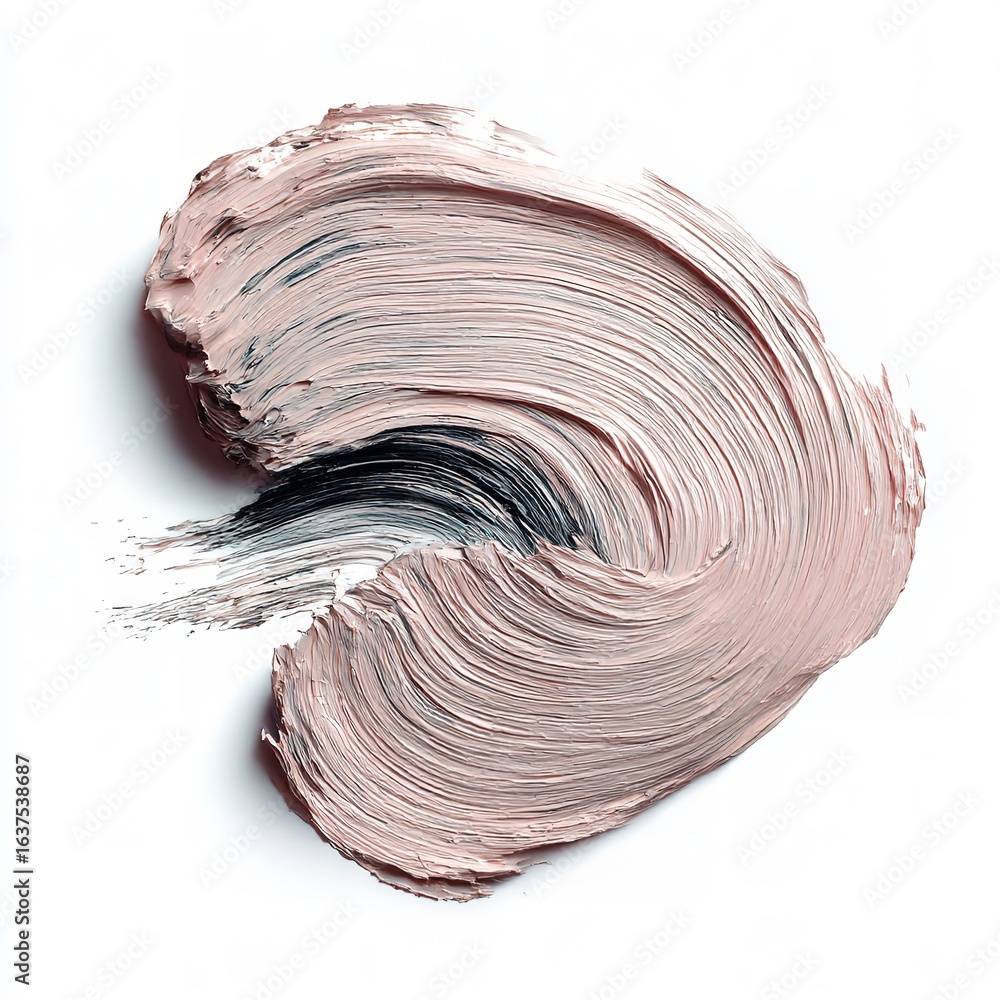 Poster close up of a swirl of light pink and black paint on a white background with visible texture and lin