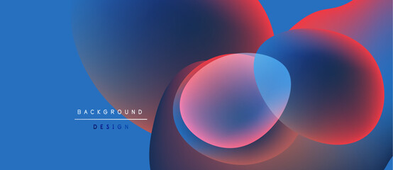 Abstract fluid shapes overlap, creating vibrant blue, red hues. Modern design elements suggest dynamic movement, smooth gradients.