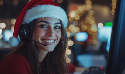 Happy woman wearing a Santa hat working at a computer in the office during Christmas. Businesswoman talking on a video call with a headset, enjoying Christmas in the workplace, Generative AI