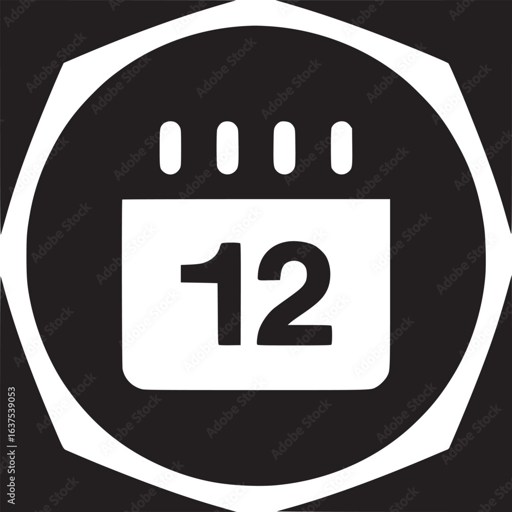 Poster a black and white calendar icon showing the twelfth day inside an octagonal shaped border design ele