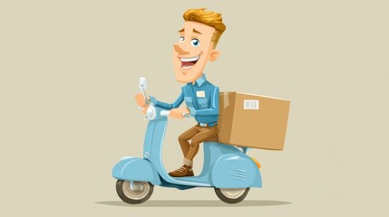 Delivery action with happy courier on scooter in urban environment cartoon style illustration