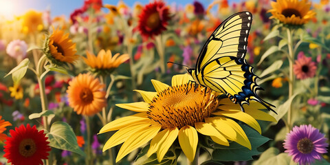 A yellow butterfly rests on a bright sunflower in a vibrant field of colorful flowers basking in sunlight