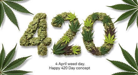 420 Day Concept: Cannabis Buds and Leaves on White Background