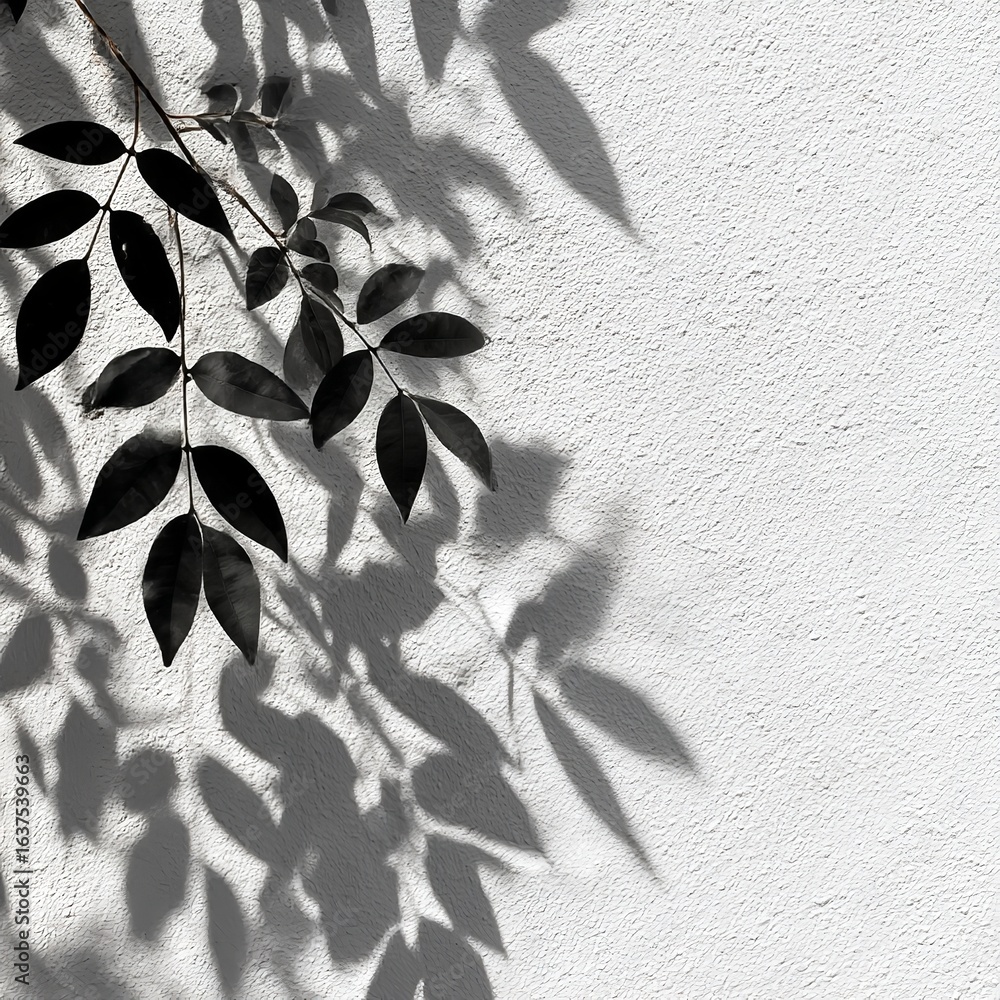 Poster branch with leaves casting shadows on a textured wall creating a monochrome abstract design art imag