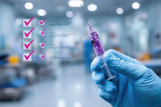 Gloved hand holds syringe with checklist overlay in a medical setting - Powered by Adobe