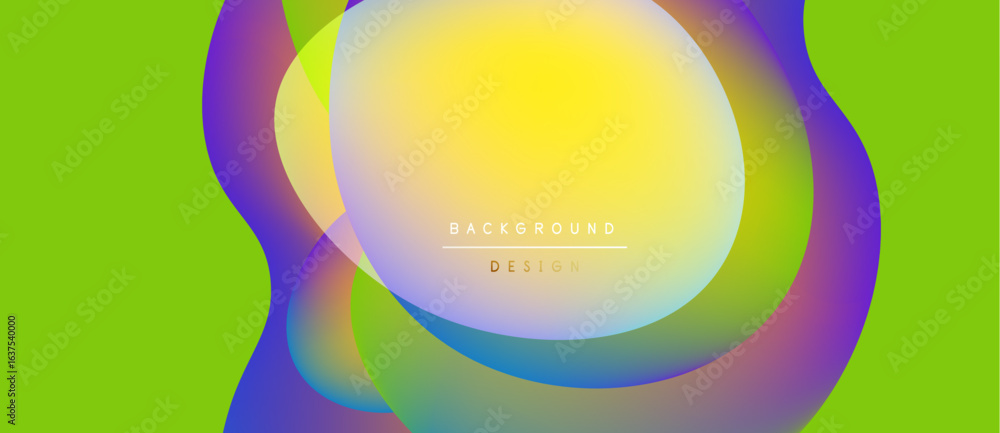 Poster abstract vibrant shapes overlap. bright colors blend, creating dynamic visual effect. lime green bac