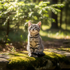 Curious Gray Kitten in the Forest