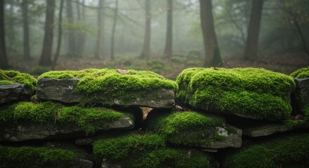 Lush Green Moss on Ancient Stone Wall in Misty Forest