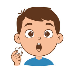 Surprised cartoon boy with brown hair and wide eyes holding his lost milk tooth.