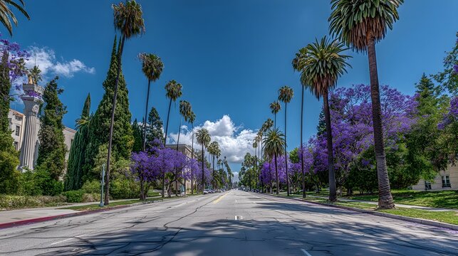 A sunny avenue lined with vibrant purple jacaranda trees and palm trees.