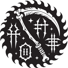 A black and white circular emblem featuring a scythe, crosses, stars, and decorative elements