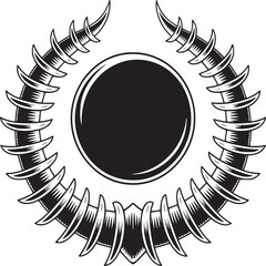 A black and white illustration of a wreath with a circle in the center on a white background