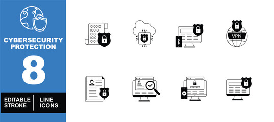 Cybersecurity Protection set of web icons in line style. A collection of linear icons representing key Cybersecurity Protection concepts, including global protection, VPN, and more. Editable stroke