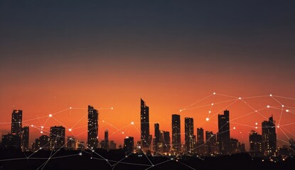 Silhouetted city skyline at twilight, connected by digital network