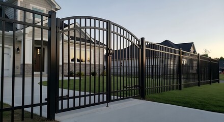 A black metal gate and fence in front of a home.
