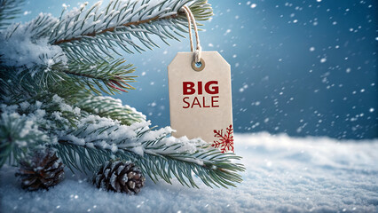A festive big sale tag hangs from a snowcovered Christmas tree branch, creating a winter wonderland scene with pine cones and a blurred blue background