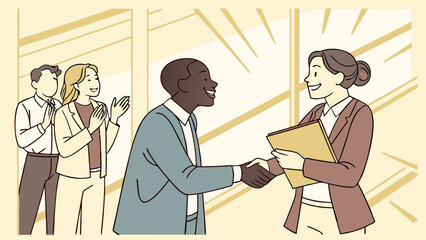 Business Handshake with Applauding Colleagues in an Office Setting Illustration.