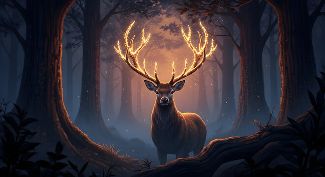 Advanced Mystical Golden Deer in Enchanted Forest with Glowing Patterns: Nature's Magical Wildlife Art