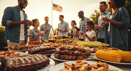 Festive Outdoor BBQ Celebration with Diverse Group of Friends and Family Enjoying Food and Drinks Under the American Flag Sunny Gathering