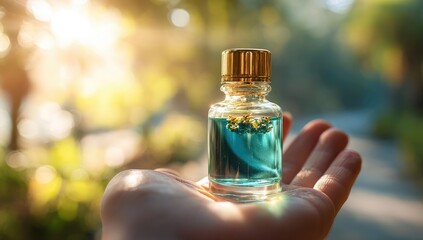 Small teal glass bottle, gold cap, held in hand, natural light