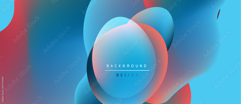 Poster abstract fluid shapes blend, creating vibrant blue, red gradients. modern design features text overl
