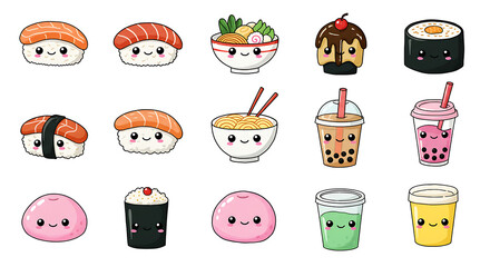 Adorable kawaii-style illustrations of various Japanese foods and drinks, including sushi, ramen, mochi, and bubble tea.
