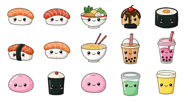 Naklejki Adorable kawaii-style illustrations of various Japanese foods and drinks, including sushi, ramen, mochi, and bubble tea.