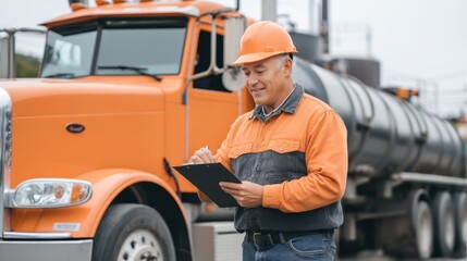 Truck driver conducting safety check at transport depot industrial setting action shot professional environment