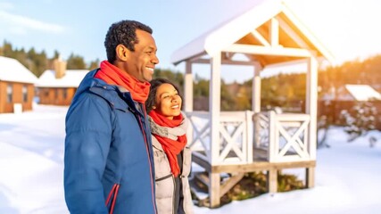 Couple enjoying a winter day in a snowy landscape