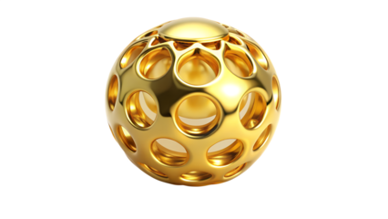 A golden sphere with a pattern of circular holes, a modern and luxurious design isolated on transparent background